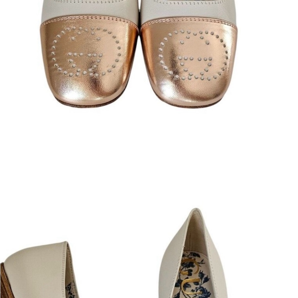 Gucci Cream and Rose Gold Women's Loafers with Gorgeous Gucci Blue Toile